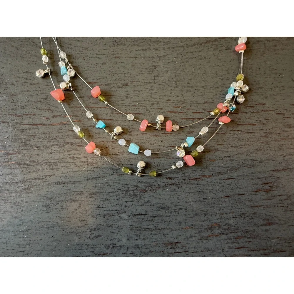 Vintage Multi Strand Illusion Necklace Pastel Beads Rhinestones Silver Tone 19in
